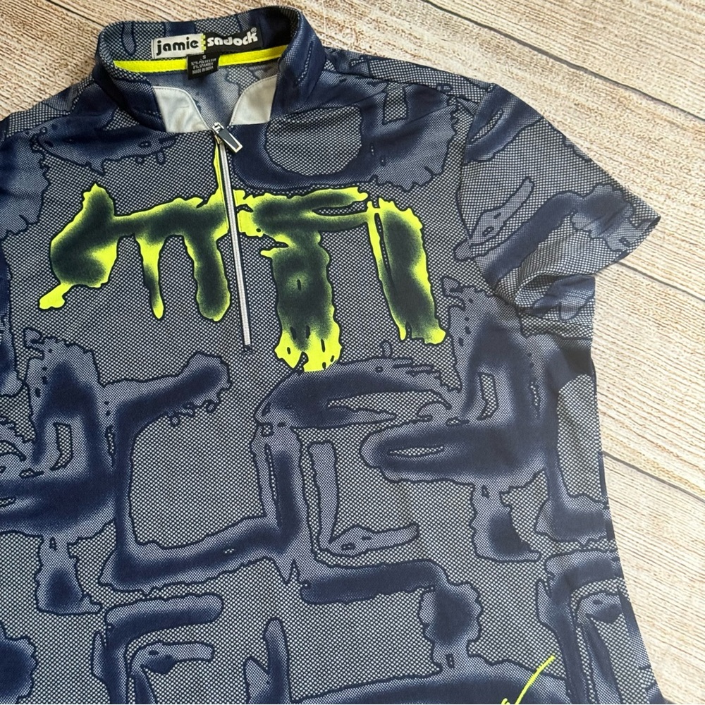 Jamie Sadock size small blue neon yellow patterned polo short sleeve shirt - Picture 3 of 13